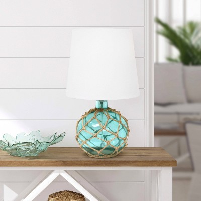 14.75" Maritime Medium Coastal Fisherman Shoreside Colored Glass Rope Table Lamp with Fabric Shade - Lalia Home