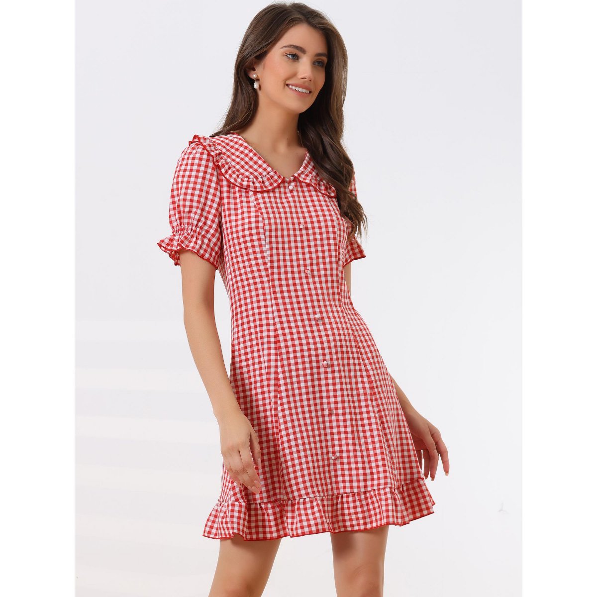 Женские платья INSPIRE CHIC Women's Plaid Gingham Puff Sleeve Ruffle Peter Pan Collar Vintage Dress Red Medium — фото 2