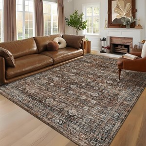 Acekool 10x13 Washable Area Rug, Non Slip Boho Vintage Floral Low Pile Large Carpet for Living Room Bedroom Office, Black Brown - 1 of 4