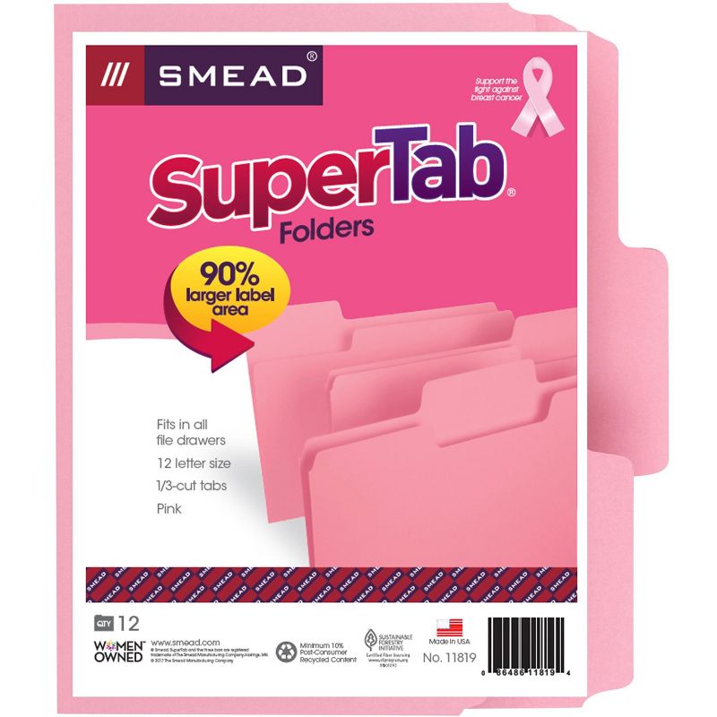 Smead SuperTab File Folder, Oversized 1/3-Cut Tab, Letter Size, Dark Pink, 12 per Pack (11819), 4 of 8