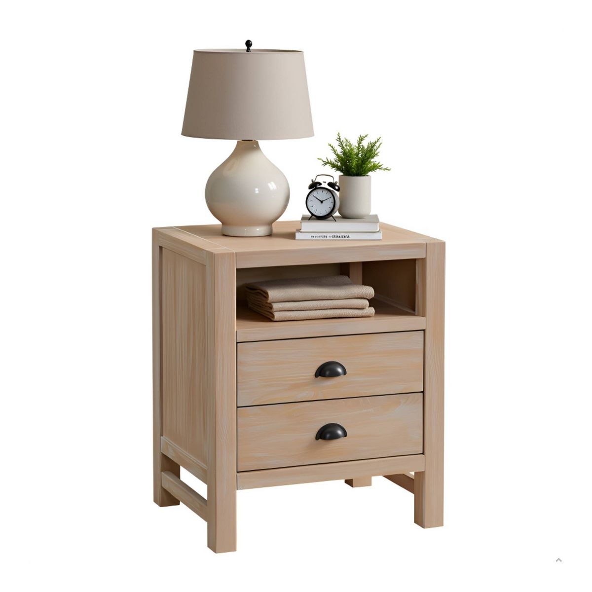 Arden 2 Drawer Wood Nightstand Light Driftwood - Alaterre Furniture: Rustic Pine Frame, Open Shelf, Oil Rubbed Bronze Hardware