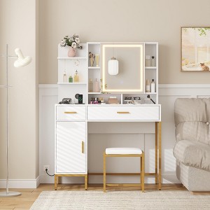 Makeup Vanity Desk with Lighted Mirror & Power Outlet,Makeup Table with 2 Drawers,9 Open Shelves & 2 Cabinets,with Cushioned Stools-White - 1 of 4