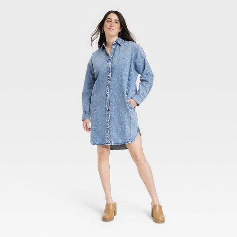 Women s Long Sleeve Denim Mini Shirtdress Universal Thread Blue Target