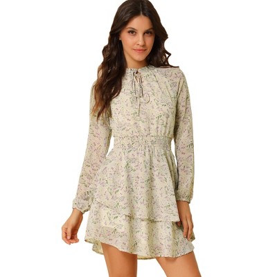 Allegra K Women's Floral Smocked Waist Tie Neck Layered Chiffon Mini Dress