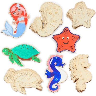 Bright Creations 24 Pieces Unfinished Sea Creatures Wood Cutouts for Crafts, Wooden Ocean Animals (Turtle, Seahorse, Starfish, Mermaid)