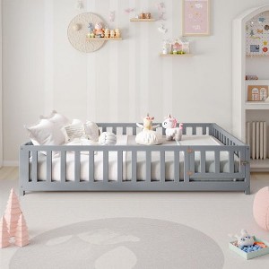 CAVINAS Multi-Functional Kids Montessori Floor Bed Frame, Sturdy Pine & Plywood Platform Bed Frame with Fence & Door, Full Wooden Toddler Bed - 1 of 4