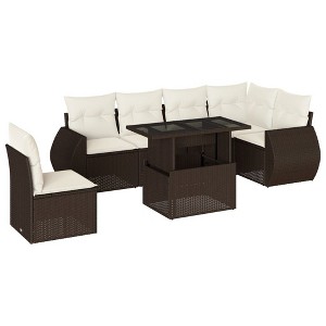 vidaXL 7 Piece Patio Sofa Set with Cushions - Brown and Cream - 1 of 4