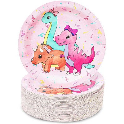 Blue Panda 80-Pack Pink Dinosaur Party Supplies, Dino Disposable Paper Dinner Plates Set for Birthday, 9"