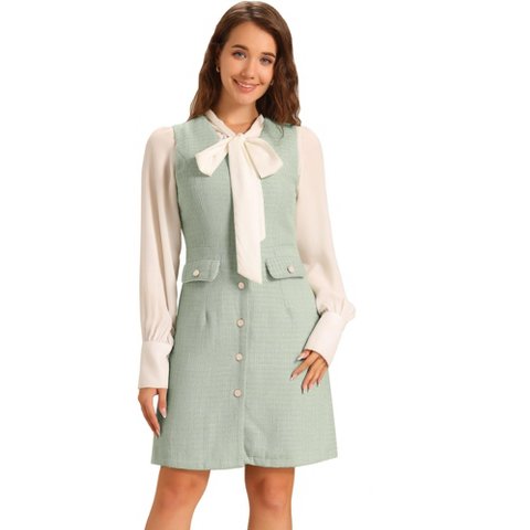 Женские платья INSPIRE CHIC Women's V Neck Button Front Pockets Vintage Sleeveless Plaid Tweed Pinafore Dress Green X-Large