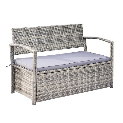 Gabrielle Resin Wicker Lounge Patio Sofa Storage Bench with Cushion - Gray - Vifah