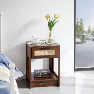 Mayeerty 15.75" Rattan End table with drawer, Modern nightstand, side table for living room, bedroom, Rustic Brown - 1 of 4