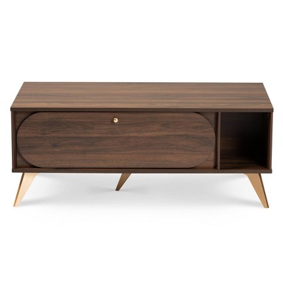 Walnut Brown and Gold Mid-Century Modern Coffee Table with Storage