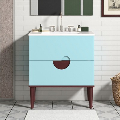 30" Blue Bathroom Vanity with Ceramic Sink, Solid Wood Frame, 2 Storage Drawers, Modern Undermount Cabinet with Pre-Drilled Faucet Holes