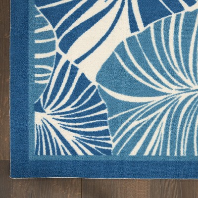 Blue Tropical Leaf Pattern Rectangular Outdoor Rug