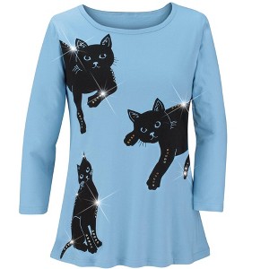 Collections Etc Curious Kitten Trio Sequin Accents 3/4 Length Sleeve Top - 1 of 4