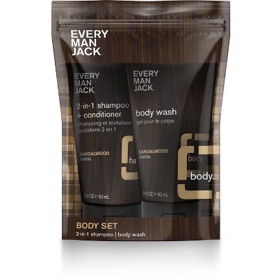 Every Man Jack Men's Sandalwood Body Trial & Travel Pouch Set - Body Wash, 2-in-1 Shampoo + Conditioner - 2ct