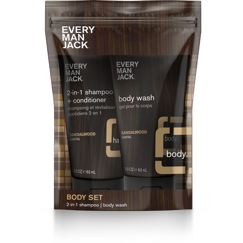 Every Man Jack Men's Sandalwood Body Trial & Travel Pouch Set - Body Wash, 2-in-1 Shampoo + Conditioner - 2ct - image 1 of 4