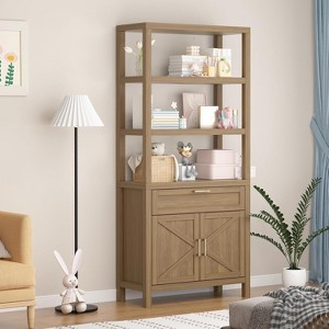 5 Tier Bookshelf, 71 In Tall Farmhouse Bookcase with 3 Open Shelves, 2-Door Cabinet and Drawer, Modern Wooden Dispaly Shelf Cabinet - 1 of 4