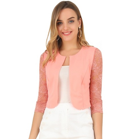 Allegra K Women's Leisure Lace 3/4 Sleeve Crop Shrug Cardigan Pink X-small  : Target