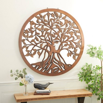 Round Brown Wood Tree Mirrored Wall Decor, 48"