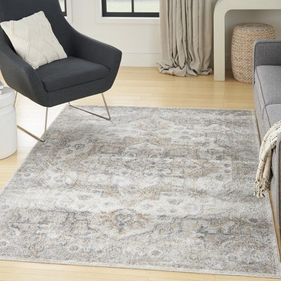 Silver Grey Medallion Low Pile Washable Area Rug