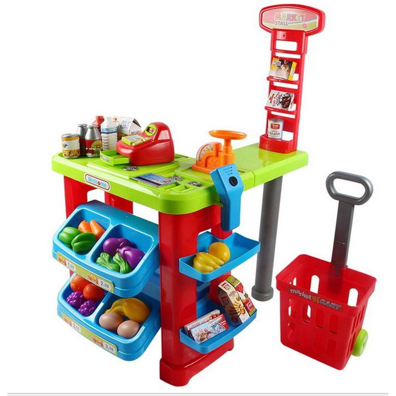 Insten Supermarket & Cash Register Playset, STEM Educational Toys with Mic, Coins, Groceries & Credit Card for Kids, 25x18x7 in, 1 of 4