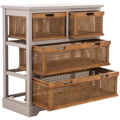 Transitional White Pine 4-Drawer Storage Cabinet with Cane Baskets