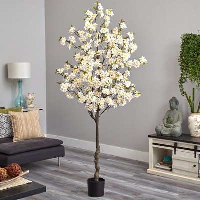 6.5-ft White and Green Faux Sakura Tree in Black Pot