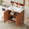 30" Natural Bathroom Floor Cabinet With Ceramic Sink,Vertical Stripe Design Bathroom Floor Cabinet With 45 Degrees Free-Handle Design Doors-Cuddlewood - 3 of 4