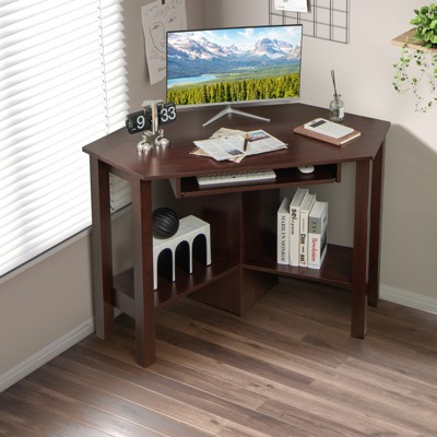Compact Functional Brown Wood Corner Desk with Keyboard Tray and Drawer