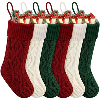 Aoibox 6 Pack Knitted Christmas Stockings Soft Acrylic Cable Knit Long Hanging Stockings Beige Green Red White Holiday Decor 18 Inch