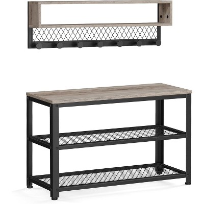 2-in-1 Storage Bench & 3-Tier Shoe Rack - Metal Mesh Shelf Organizer with Seat, Space-Saving for Entryways & Hallways