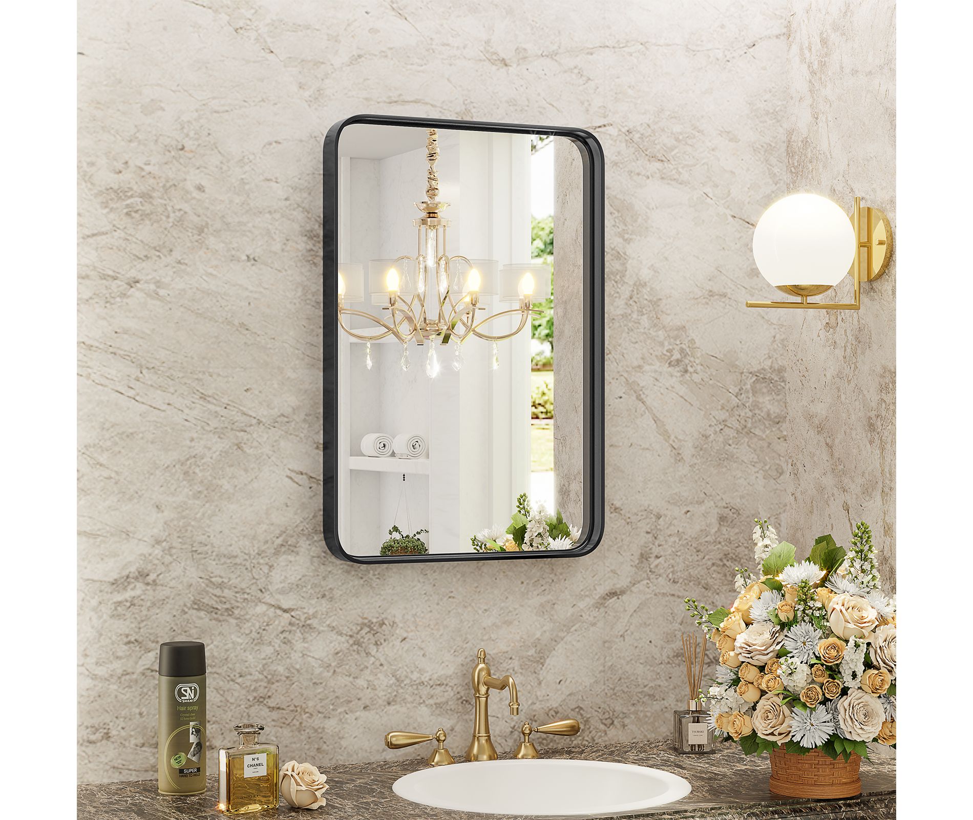 Bestier Metal Framed Vanity Bathroom Mirror with Rounded Corners, Rectangular Matte Large Mirror for Over Sink Wall, Modern Decorative for Restroom