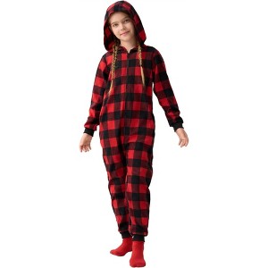 Joyfy Christmas Pajamas for Kids, Red Flannel Buffalo Plaid Pajamas with Hood, Boys Girls Holiday Jumpsuit - 1 of 4