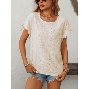 Womens Summer Ruffle Short Sleeve Round Neck Shirts Casual Loose Fitting Hollow Out Top - 1 of 4