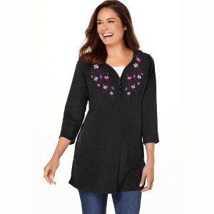 Woman Within Plus Size 7-Day Layered-Look Embroidered Henley Tunic - 1 of 4