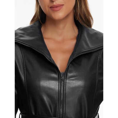 INSPIRE CHIC Women's Faux Leather Lapel Long Sleeve Zip Casual Long Coat Black Medium — фото 5