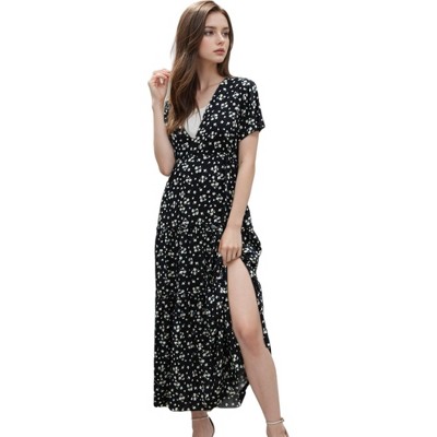 Anna-Kaci Women's V-Neck Short Sleeve Ruffle Detail Side Slit Floral Print Maxi Dress - Medium, Black
