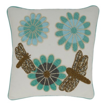 Saro Lifestyle Beaded Flower Pillow - Down Filled, 16" Square, Blue