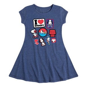 Girls' - Peanuts - I Heart Snoopy Patches Fit & Flair Cap Sleeve Dress - 1 of 4