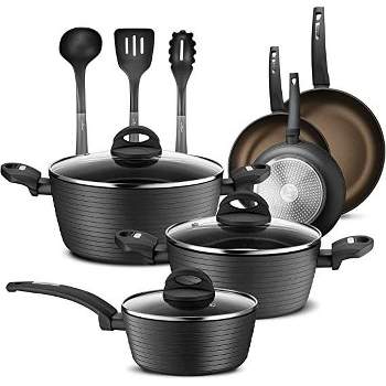 SereneLife serenelife kitchenware pots & pans basic kitchen cookware, black  non-stick coating inside, heat resistant lacquer (20-piece s