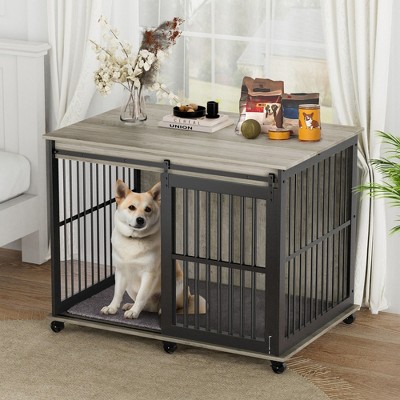 Munora Furniture Dog Crate with Sliding Iron Door and Mat (Rustic Brown, 43.7"W x 30"D x 33.7"H)