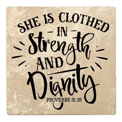 Christmas by Krebs Set of 4 Beige and Black "SHE IS CLOTHED IN Strength AND Dignity" Square Coasters 4"