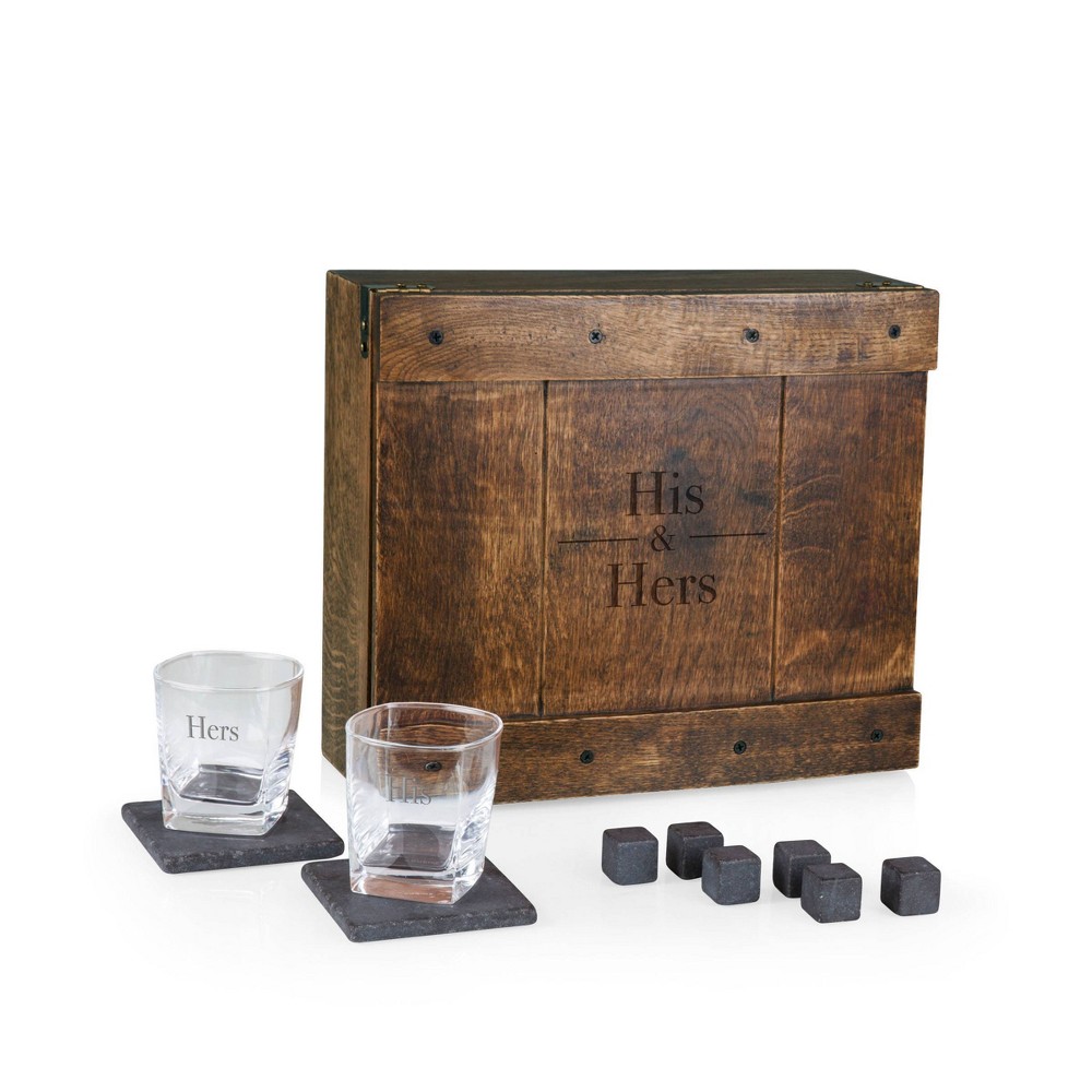 Photos - Glass Picnic Time 11pc His and Hers Whiskey Box Gift Set: Handcrafted Tumbler & Coaster Set for Cold Beverages, Brown