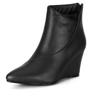 Allegra K Women's Pointed Toe Zipper Wedge Heel Ankle Booties - 1 of 4
