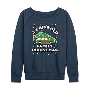 Women's Warner Bros. Griswold Family Christmas Tree Lightweight French Terry Wide Neck Long Sleeve Graphic Shirt - Heather Indigo - 2 X-Large - 1 of 4