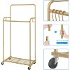 Simple Trending Double Rod Clothes Garment Rack, Heavy Duty Clothing Rolling Rack on Wheels for Hanging Clothes,with 4 Hooks, Gold - 3 of 4
