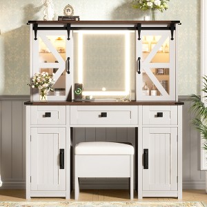 Makeup Vanity Desk Vanity Table Dressing Table with Storage Cushioned Stool, 3-Mode Lighted Mirror, Charging Station, Sliding Door - ModernLuxe - 1 of 4
