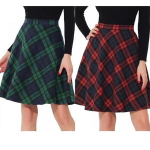 Allegra K Women's Christmas Plaid Vintage Tartan Elastic Waist Knee Length A-Line Skirt 2 Packs - 1 of 4
