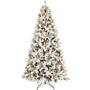 Flocked Christmas Tree with PE/PVC Mixed Branches, Warm White LED Lights, Fireproof Material, Hinged Foldable Design with Sturdy Base - 1 of 4
